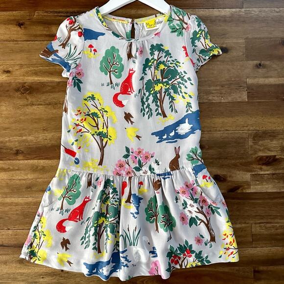 Mini Boden Gray Yellow Green Woodland Fox Rayon Short Sleeve Drop Waist Dress - Picture 2 of 10